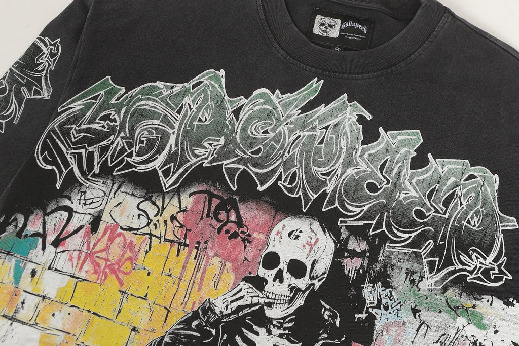 Godspeed Washed Black Skeleton Graphic Long-Sleeve T-Shirt