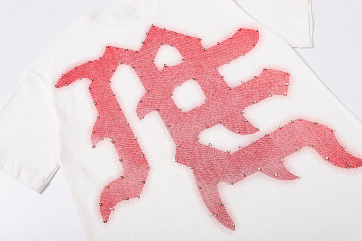 MIXED EMOTION Never Die Studded Graphic T-Shirt