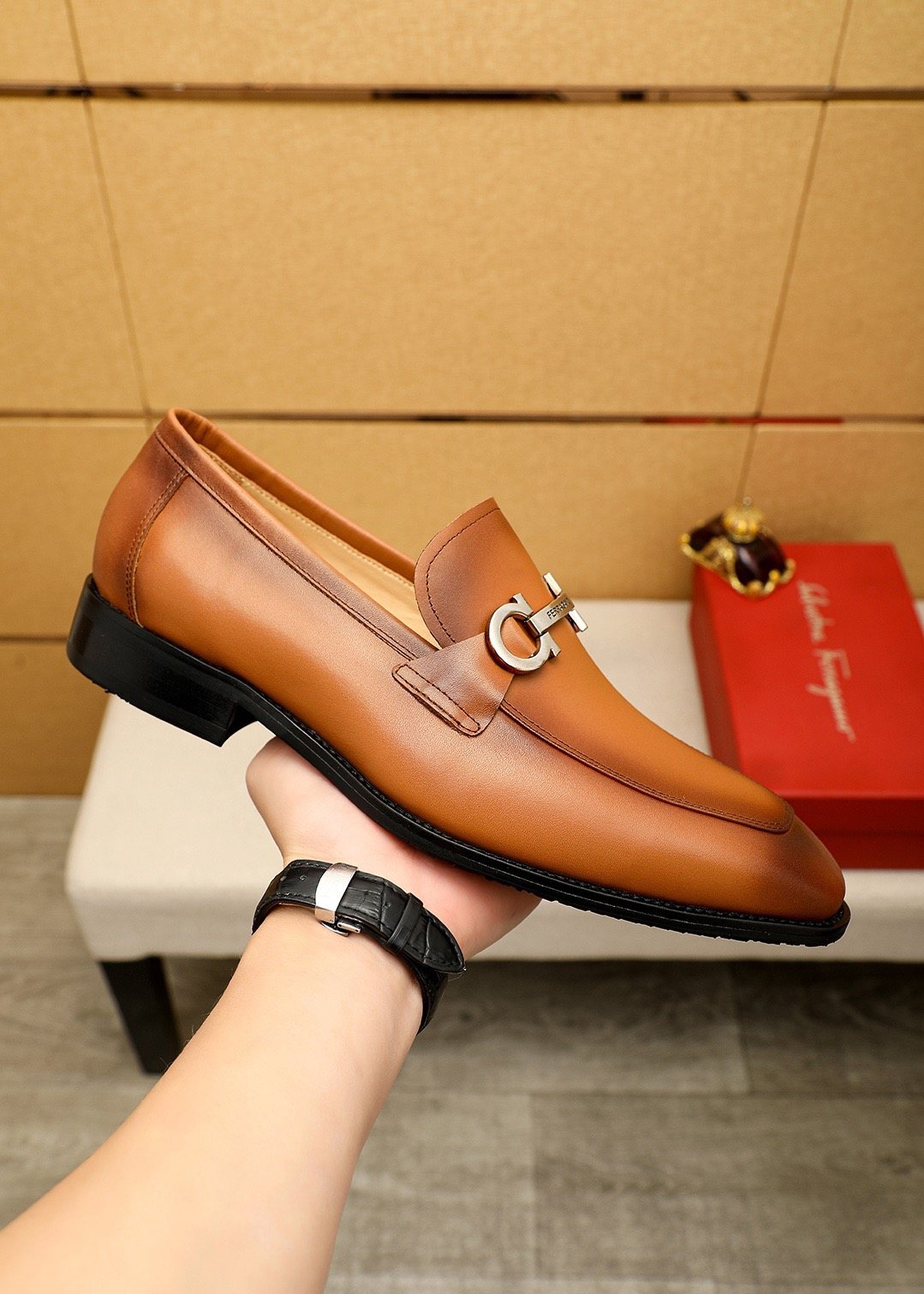 Ferragamo Brown Leather Hardware Loafers