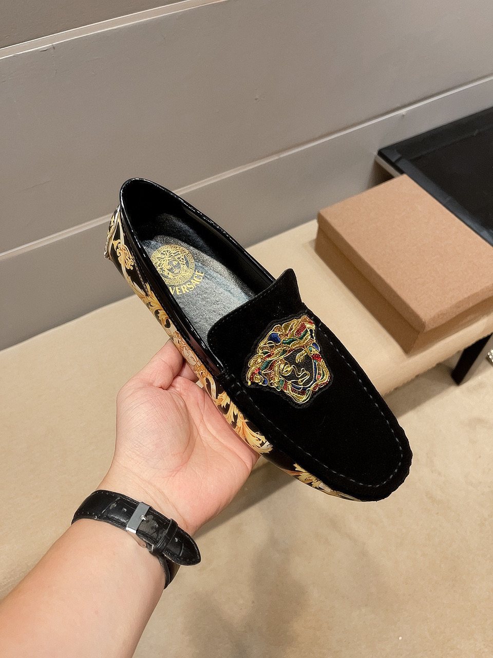 Men's Black Gold Ornamental Slip-On Loafers